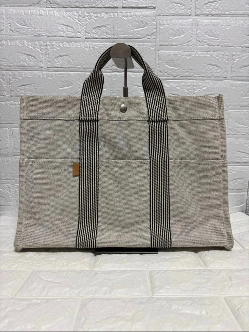 Hermes Natural Canvas Tote with Black Striped Handles